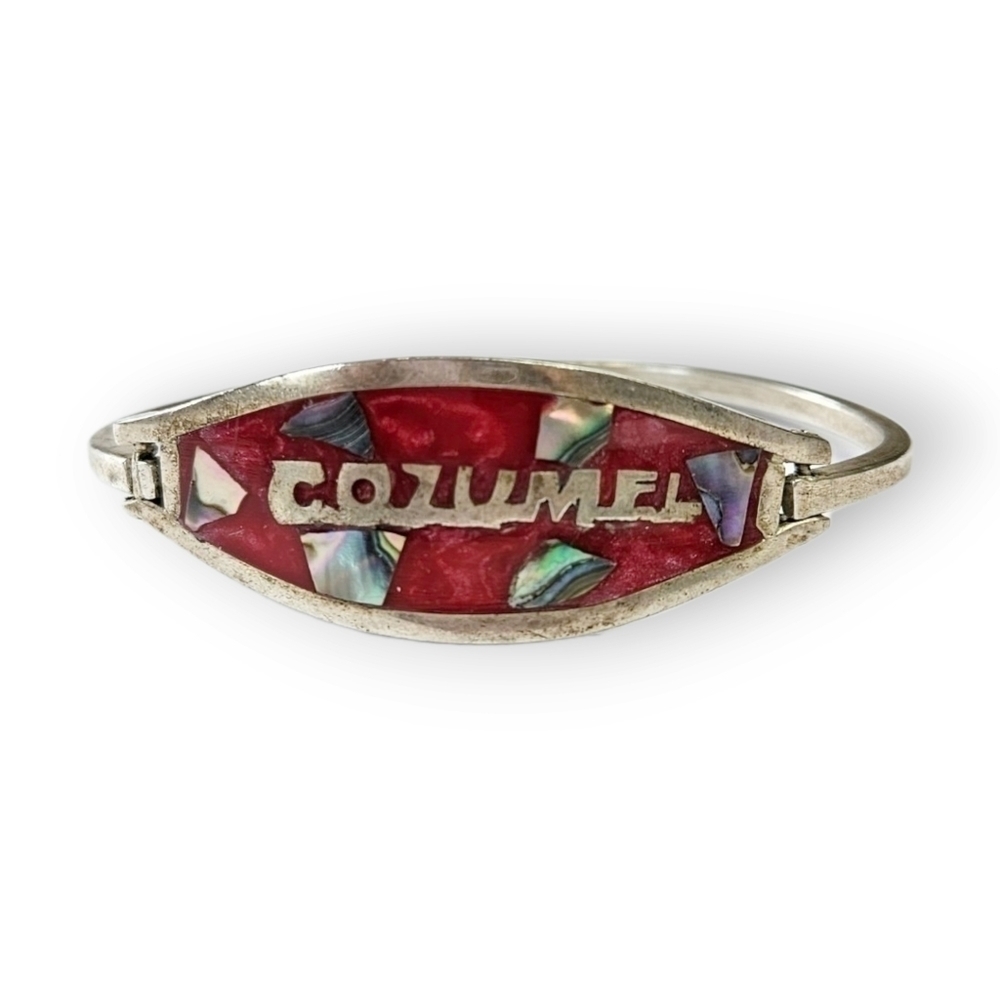 Mexico Cozumel Cuff Bracelet Red Inlaid Abalone Shell Alpaca Silver Vintage 6.5"